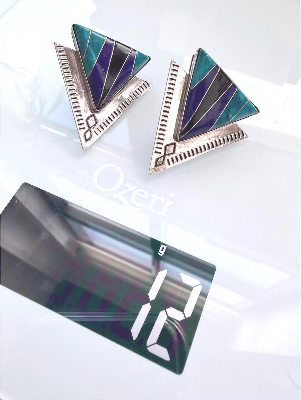 Sterling Inlay Triangle Earrings Lapis Turquoise SW - Picture 5 of 7